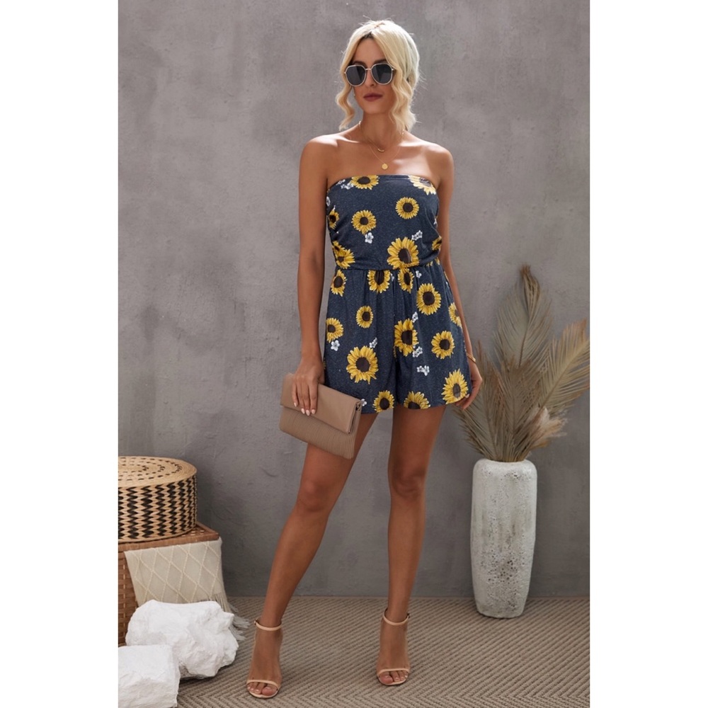 Yellow Floral Print Bandeau Romper with Pockets